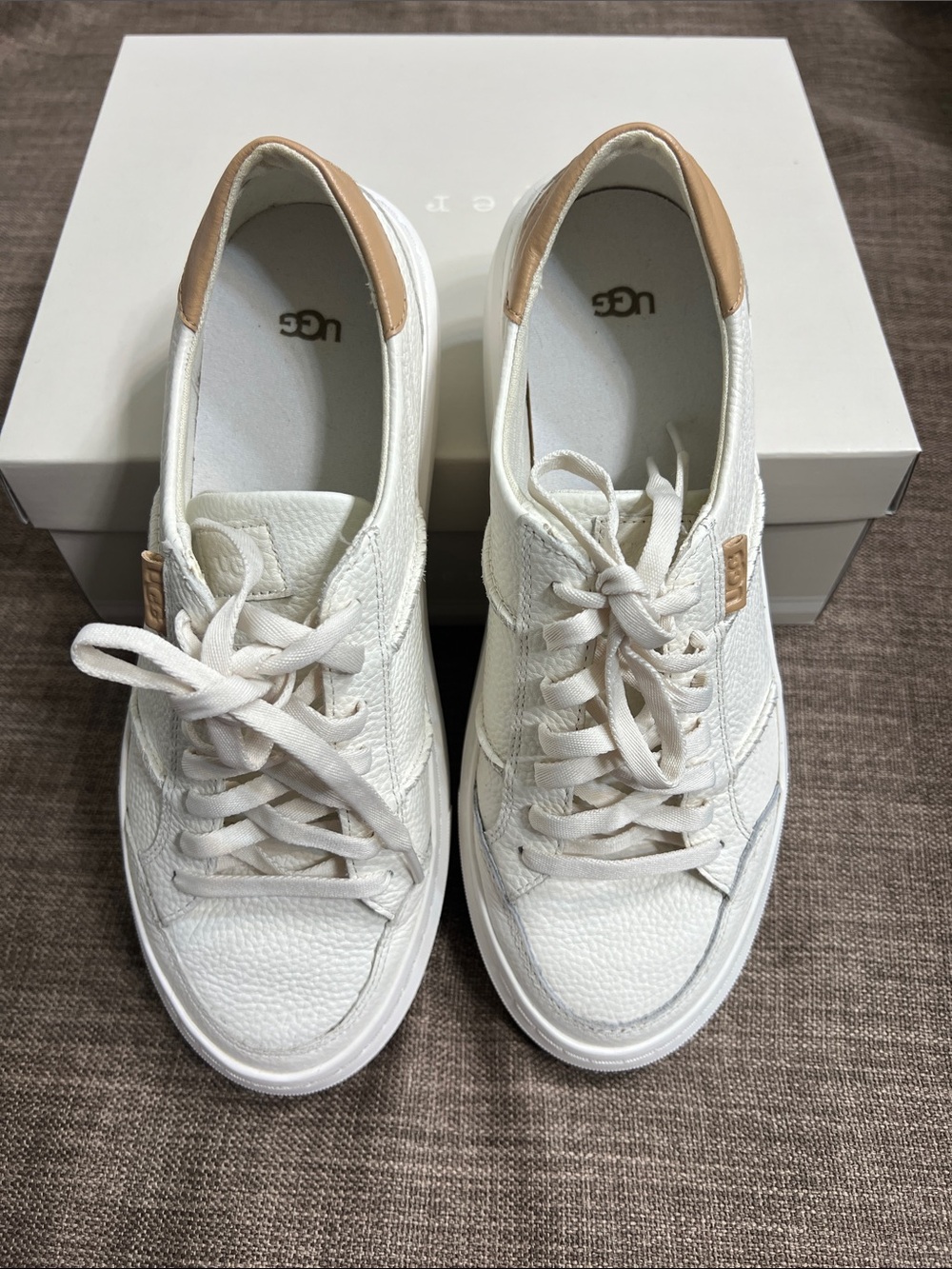 UGG Women's White Leather Sneakers with Tan Heel Detail